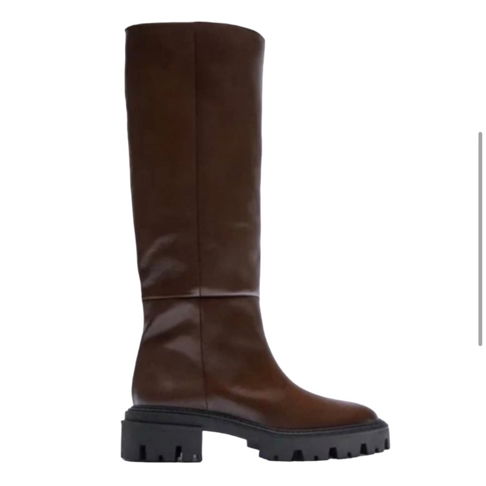 ZARA TALL LUG SOLE BROWN LEATHER PLATFORM KNEE BOOTS NWT SZ 7.5 or 38